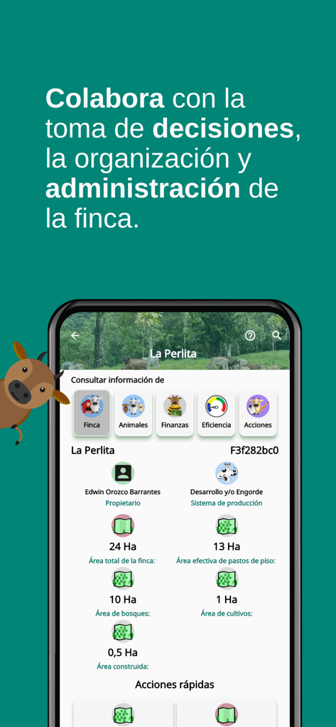 Interfaz de la app móvil InnoBovino mostrando administración de la finca y datos de gestión ganadera