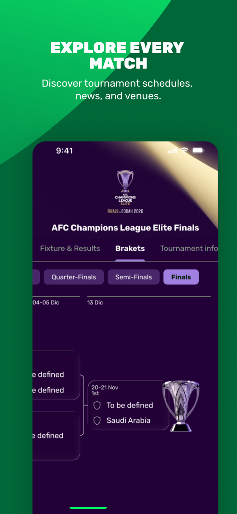 Ahlan | أهلاً - Interface de l'application Ahlan affichant les tableaux et les programmes des matchs du tournoi de football.