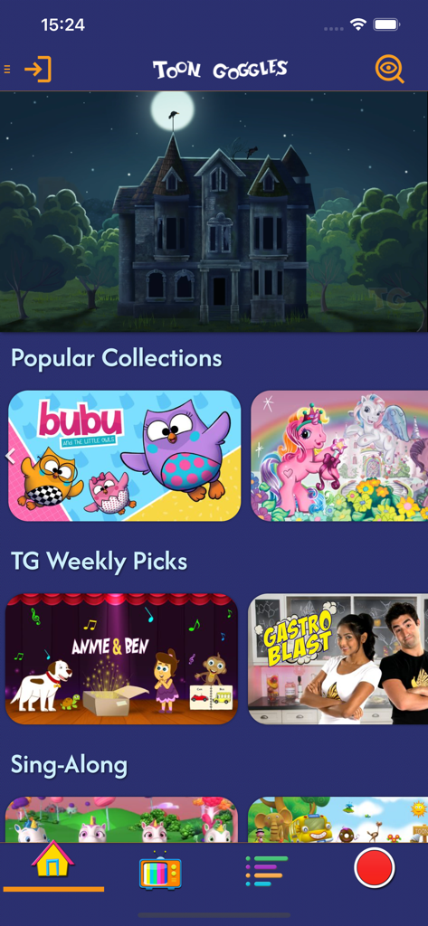 Toon Goggles Cartoons for Kids - Pantalla de inicio de la aplicación Toon Goggles con colecciones populares de dibujos animados y selecciones semanales para niños