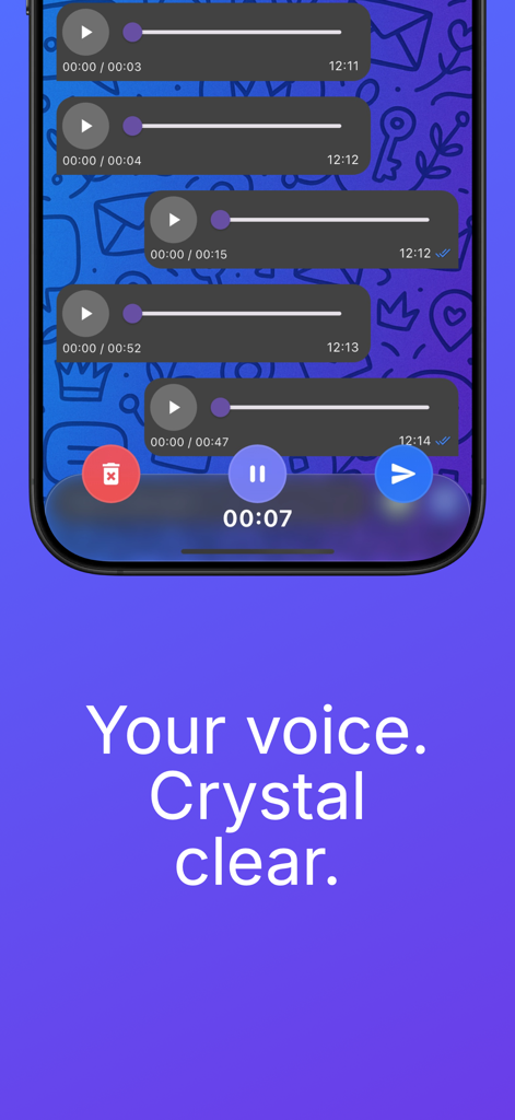 Royal Message - Screenshot der Royal Message App mit kristallklaren Sprachnachrichten und anpassbaren Chat-Blasen
