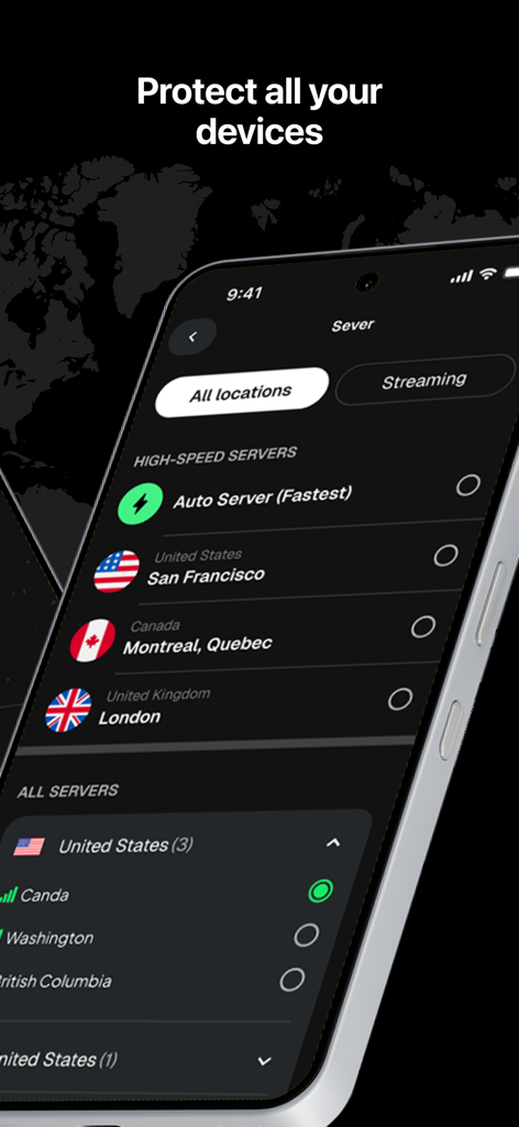 HS VPN Lite: Private VPN Proxy - Smartphone screen showing HS VPN Lite app with a list of high speed servers including San Francisco Montreal and London