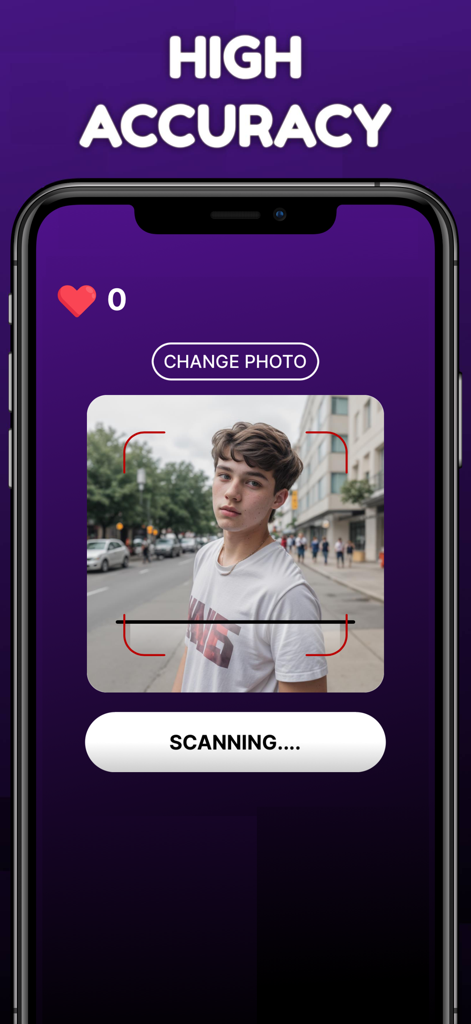 Mobile app interface of the Attractiveness Test - AI Rate showing a facial scan in progress with high accuracy