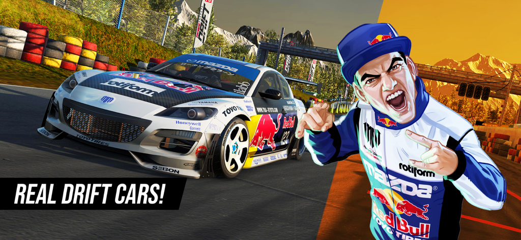 Torque Drift - Un coche Mazda de drift realista con la decoración de Red Bull y un personaje emocionado en el juego Torque Drift.