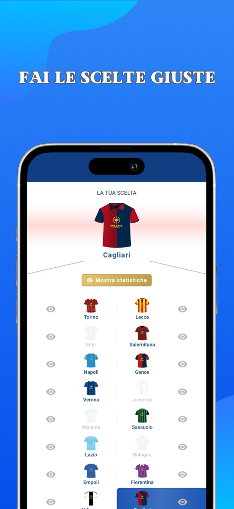 Skillbol - Skillbol mobile app interface showing a list of Italian football teams for user selection