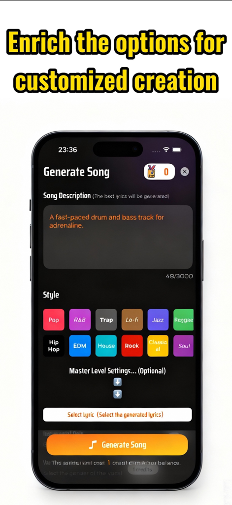 Songify: AI Music Generator - Tela do aplicativo Songify para gerar música de IA com botões de seleção de estilo e um campo de descrição da música.