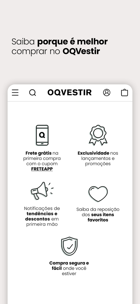 OQVestir - Infográfico mostrando os benefícios do aplicativo OQVestir como frete grátis, lançamentos exclusivos e notificações de reposição de estoque