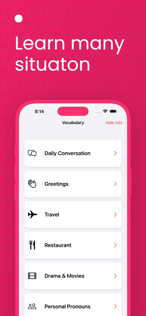 Interfaz de aplicación móvil que muestra categorías de vocabulario chino como conversación diaria, viajes y restaurante.