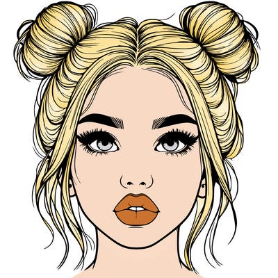 realistic girl with two buns on her hair and lips