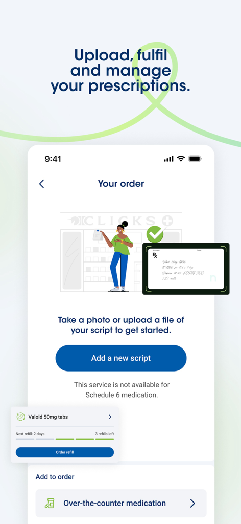 処方箋のアップロードとClicks薬局での薬の補充管理のオプションを示すモバイルアプリ画面