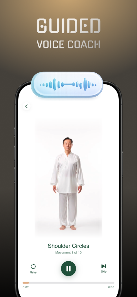 Tai Chi & Qigong: Home Coach - Tai Chi app interface showing a guided voice coach for a shoulder circle movement.