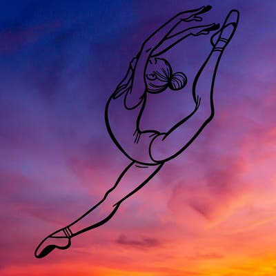 gymnast doing a leap in a leotard with a bent back leg