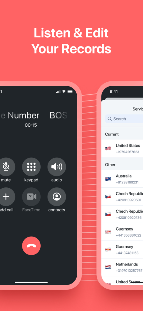 Interface of the Call Recorder for iPhone Pro app showing call recording controls and international service numbers