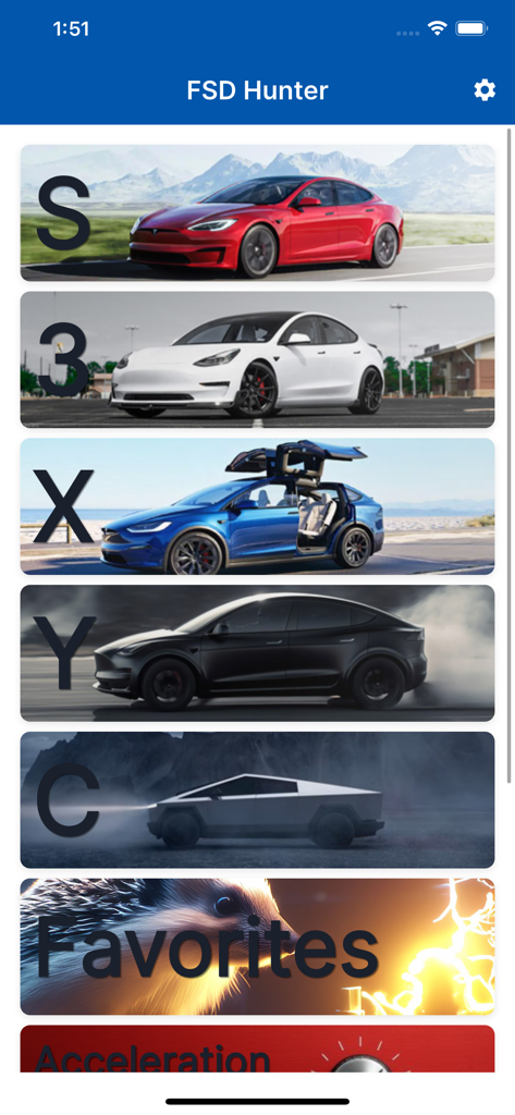 FSD Hunter app menu showing Tesla Model S, 3, X, Y, and Cybertruck categories for used car searching