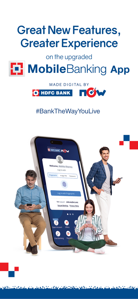 Promotional banner for the HDFC Bank MobileBanking app featuring the login screen and people using their phones.