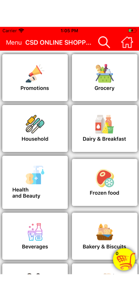 CSD Pakistan app interface displaying grocery and household shopping categories