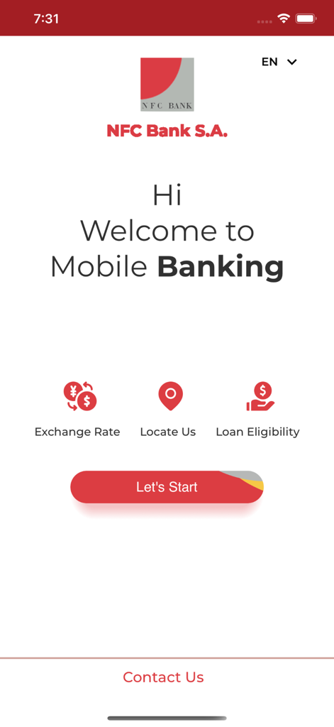 Welcome screen of the NFC Bank Mobile Banking app showing exchange rate and loan eligibility options