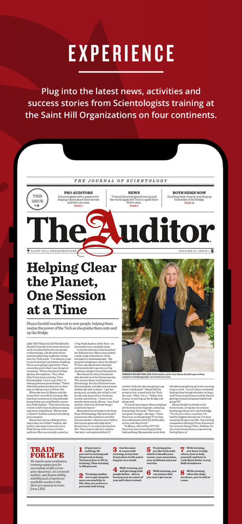 The Auditor - Captura de pantalla de la aplicación The Auditor mostrando un artículo de revista digital titulado Helping Clear the Planet en un dispositivo móvil.