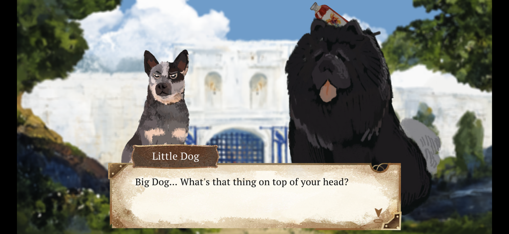 The Apocalypse Sacrifice - Dos perros hablando en una escena de juego RPG de estilo retro con un cuadro de diálogo