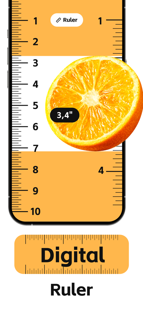 Smart Level & AR Ruler - Smartphone screen showing a digital ruler measuring a sliced orange in inches