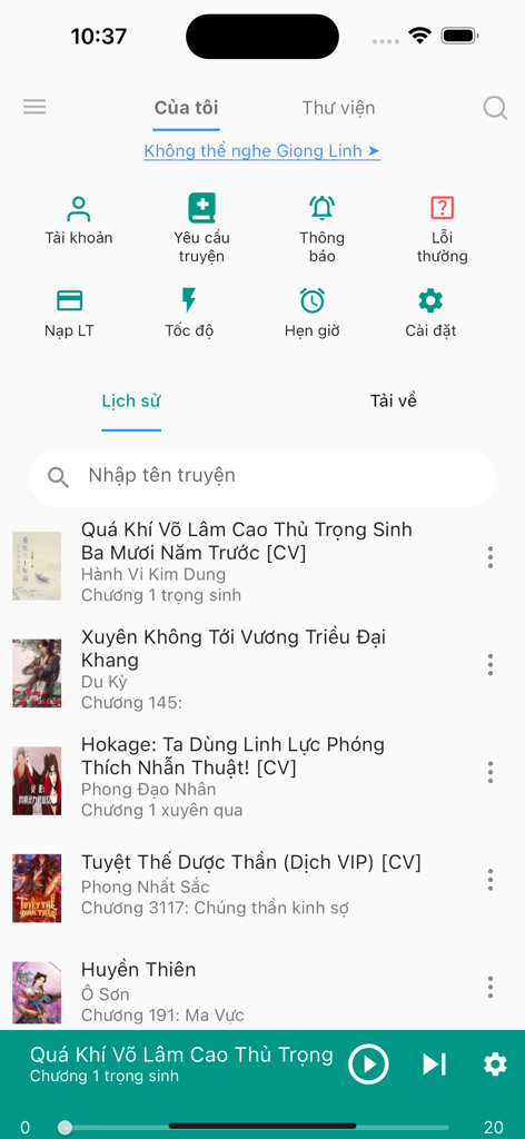 Audio Truyện -Đọc Nghe Kết Hợp - Personal dashboard and listening history on the Audio Truyen mobile app showing various Vietnamese web novels and user settings.