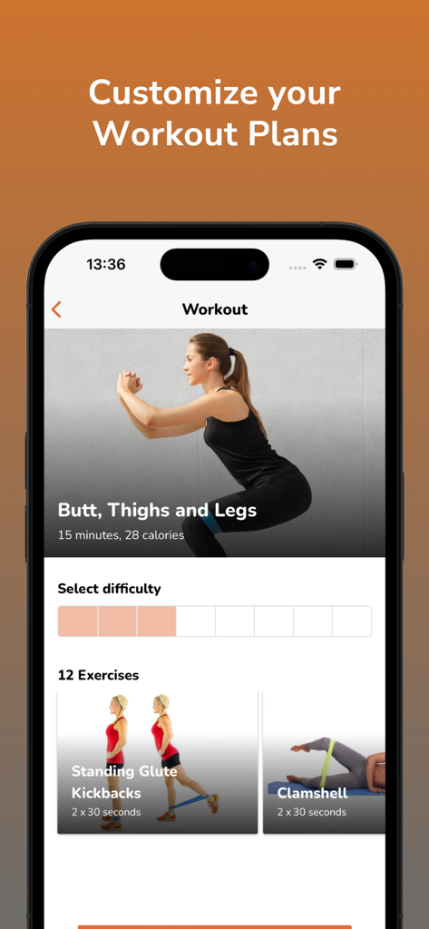 Interfaccia dell'app mobile per la personalizzazione dei piani di allenamento con elastici, inclusi esercizi per la parte inferiore del corpo.