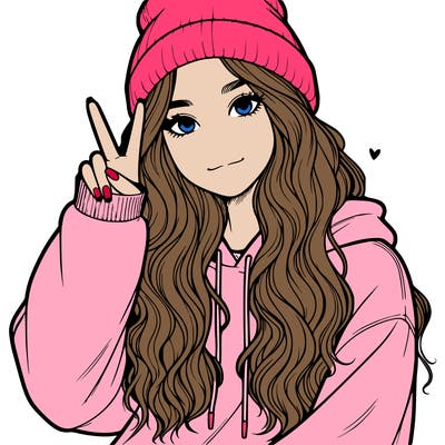 a teenage girl in a beanie, oversized sweatshirt, wavy long hair, and is showing a ✌️