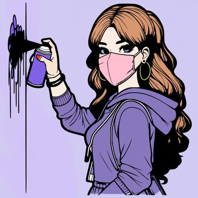 realistic girl with mask spray painting a wall