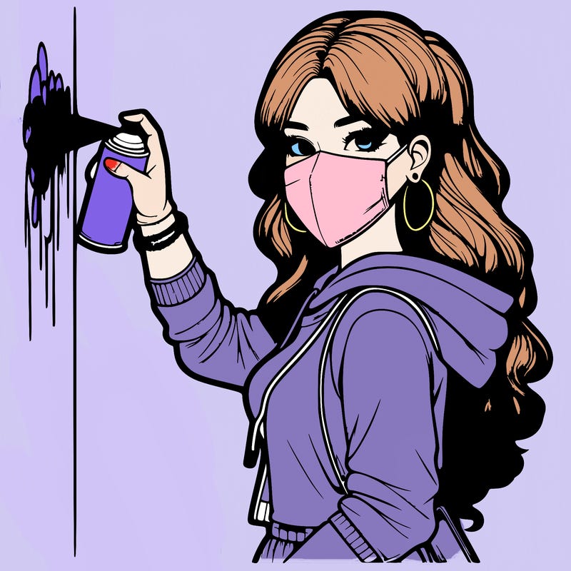 realistic girl with mask spray painting a wall