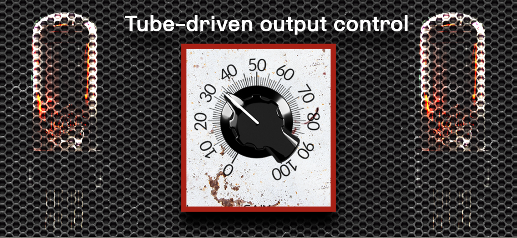 L2 Aura - Leveling Amplifier - Interface of L2 Aura app showing a vintage gain knob and glowing vacuum tubes for tube driven output control