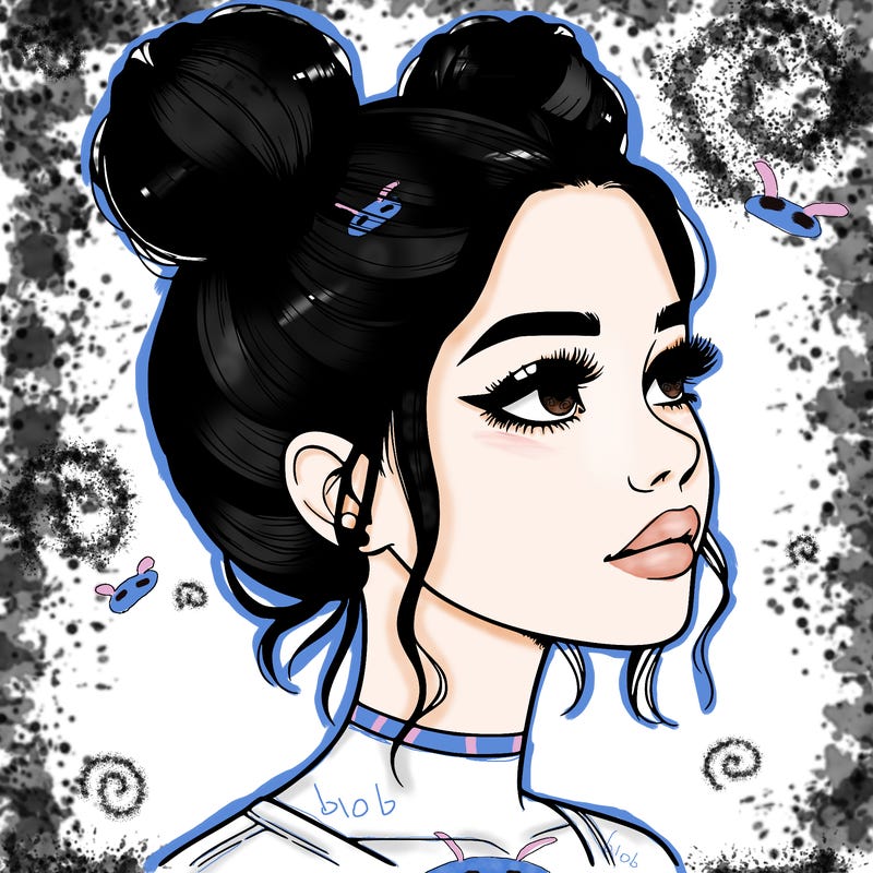 realistic girl with buns on the top of her head