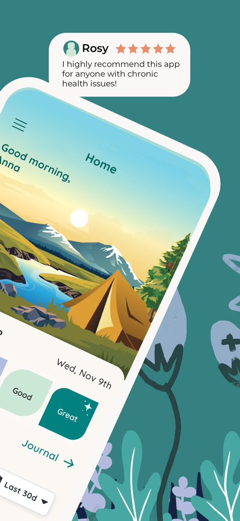 Folia Health - Folia Healthアプリのホーム画面。ユーザーのRosyからの5つ星の推奨が表示されます。