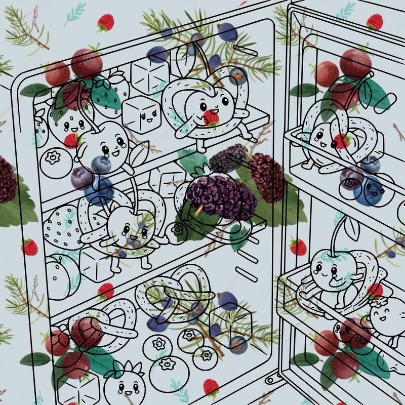 cherry and cute fruits in the freezer playing with preztels