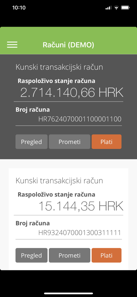 OTP m-business HR - Account balance overview screen of the OTP m-business HR mobile banking app showing transaction details and payment options