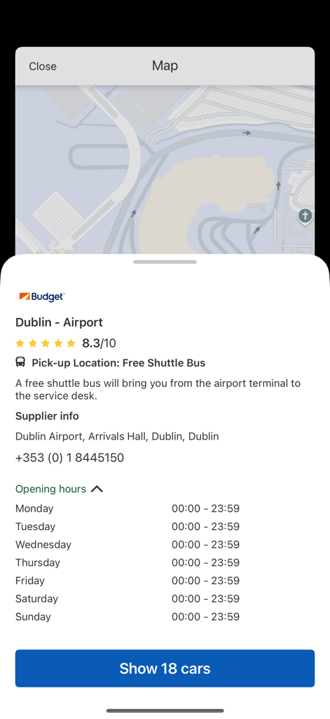 Argus Car Hire - L'application Argus Car Hire montrant les détails de l'emplacement de location Budget et les heures d'ouverture à l'aéroport de Dublin.