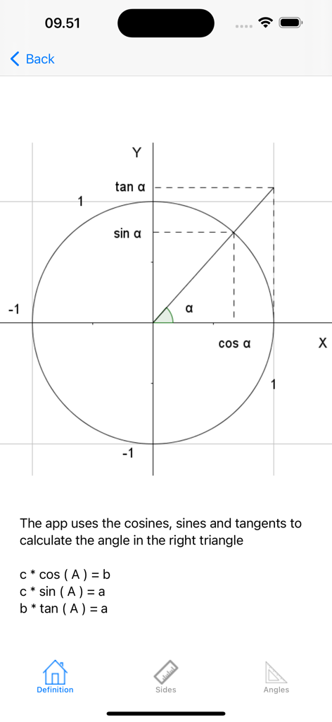 Unit circle diagram showing sine cosine and tangent functions with math formulas for right triangles