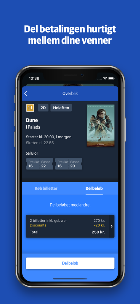 Nordisk Film Biografer app screenshot showing movie ticket overview and a feature to split the payment with friends