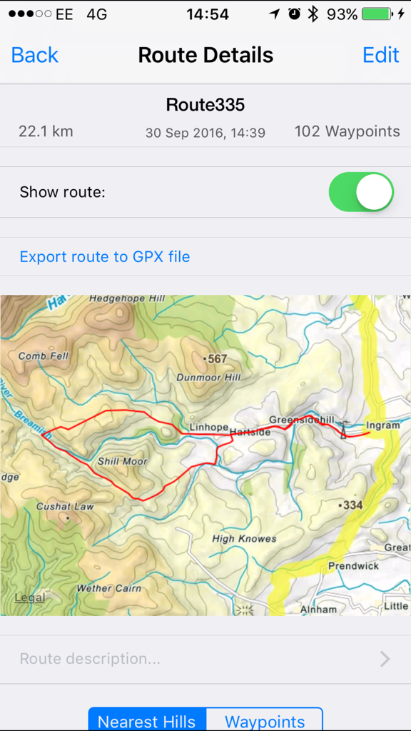 Northumberland Maps Offline - Detailed hiking route on a topographic map within the Northumberland Maps app