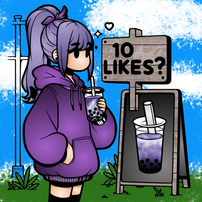 girl with oversized hoodie drinking boba and she has a high ponytail with a sign that says 10likes?