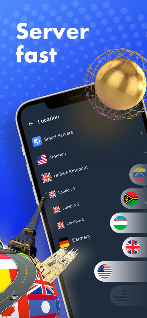 A smartphone screen displaying a list of fast VPN server locations including the USA, UK, and Germany.