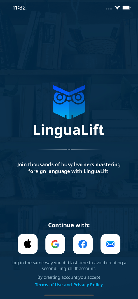 LinguaLift - LinguaLift language learning app login screen with owl logo and sign in options