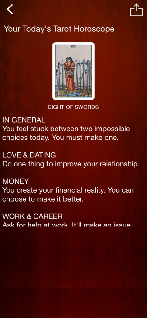 Tarot Card Reading Daily - Interfaz del horóscopo diario de tarot que muestra la carta de Ocho de Espadas con secciones de consejos de vida.