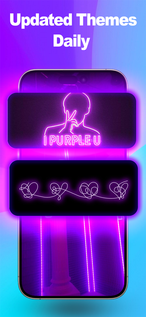Kpop Themes & Widgets - Una pantalla de smartphone que muestra temas K-pop actualizados diariamente con widgets de neón púrpura con texto 'I Purple U' inspirado en BTS y diseños de corazones.