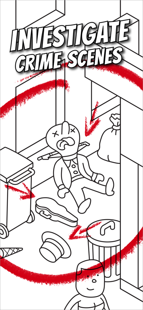 MicroMacro: Downtown Detective - A black and white cartoon crime scene from MicroMacro Downtown Detective with red clue markers