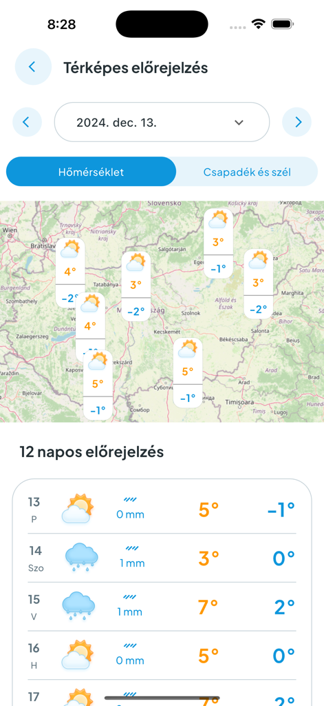 Köpönyeg - A screenshot of the Köpönyeg weather app displaying a map of Hungary with temperature icons and a detailed 12-day weather forecast.