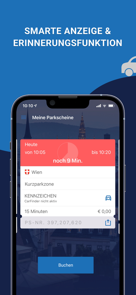 HANDYPARKEN App-Screenshot mit einem Countdown und einer Erinnerungsfunktion für Parkzeiten in Wien