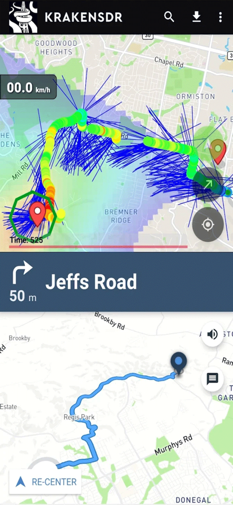 KrakenSDR RDF - KrakenSDR RDF app screen showing a map with signal triangulation lines and turn-by-turn driving directions to the source