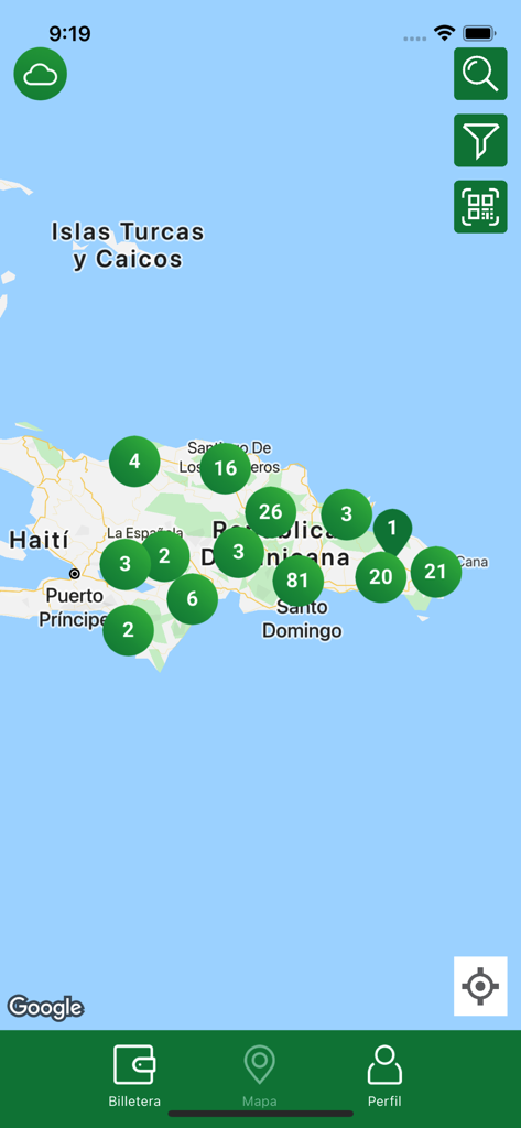 Evergo app map showing electric vehicle charging station locations and availability in the Dominican Republic