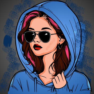 realistic teenage girl, wearing a hoodie and sunglasses