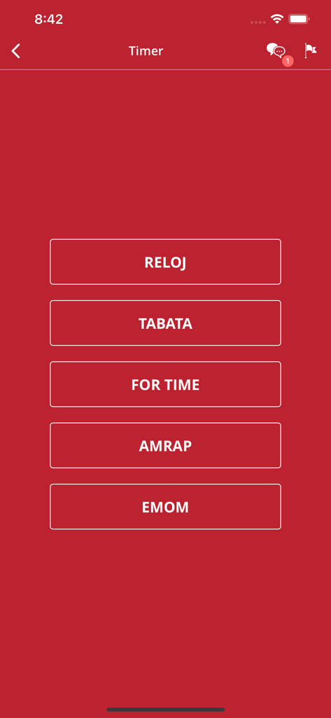 Pantalla de selección de temporizador de entrenamiento de la aplicación Red Grizzly CrossFit con opciones para Tabata Por Tiempo AMRAP y EMOM