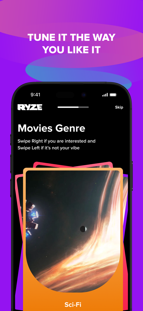 RYZE Bangladesh - コンテンツをパーソナライズするためのスワイプ機能を備えた、映画ジャンルの選択のためのRYZE Bangladeshアプリインターフェース